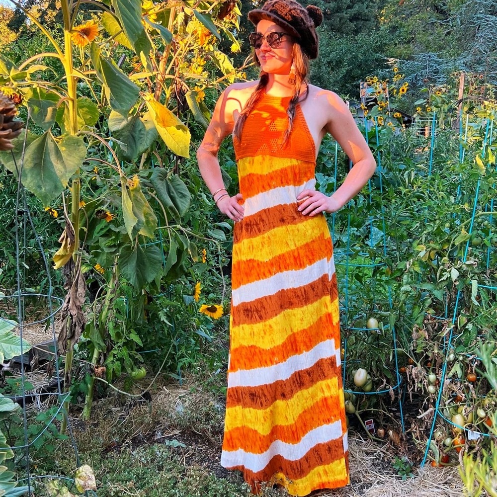 1970s High Tide Sunset Crochet Halter Neck Maxi